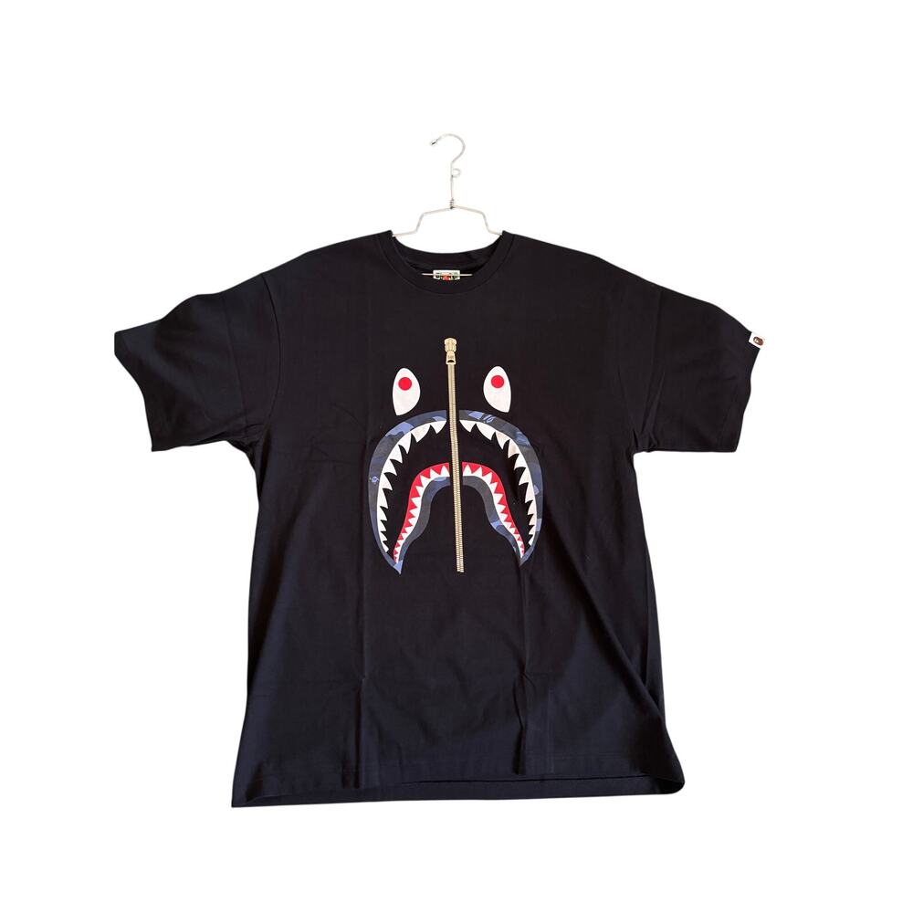 BAPE Blue Camo Shark Zip Graphic Tee Black 2XL Metal Zipper Shirt